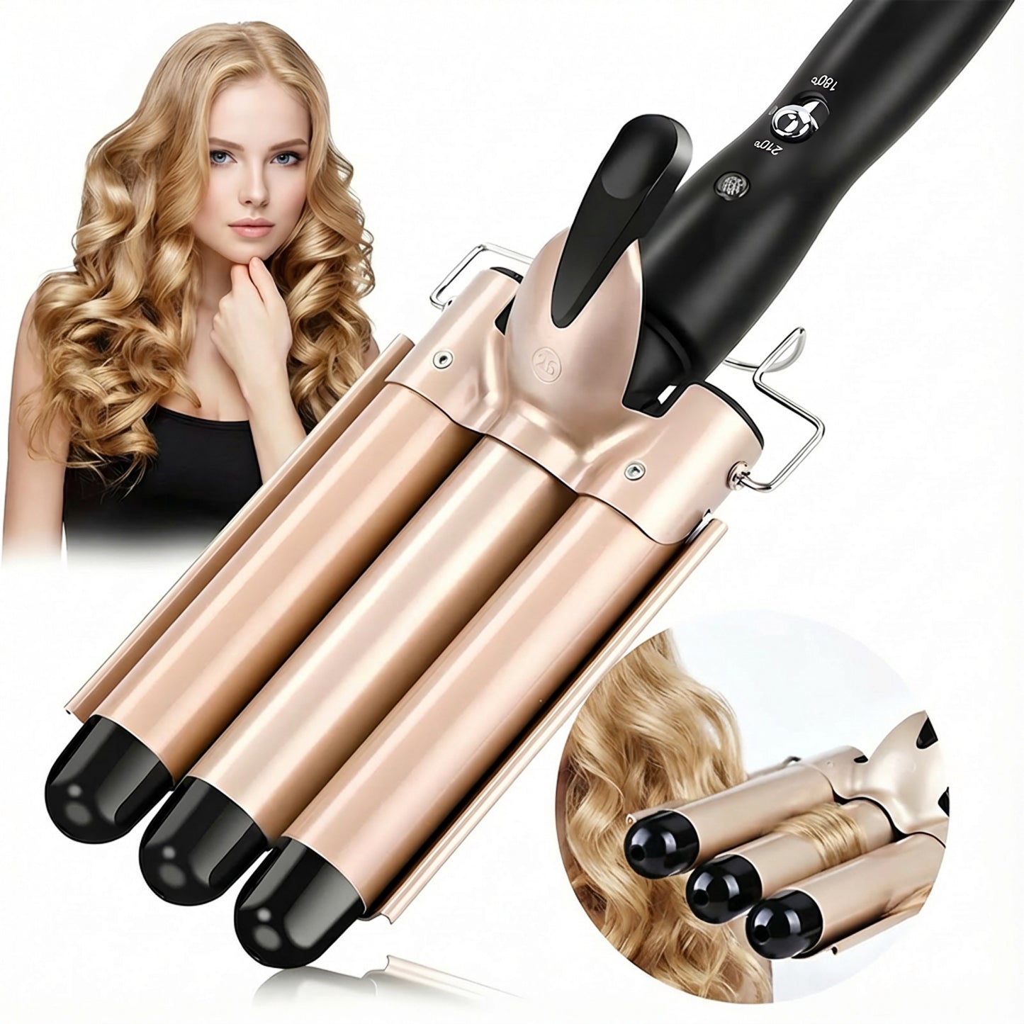 🔥🌊 3-stavig våglocktång PTC-uppvärmningsteknik 25 mm justerbar temperatur 180–210 °C guldfärgad