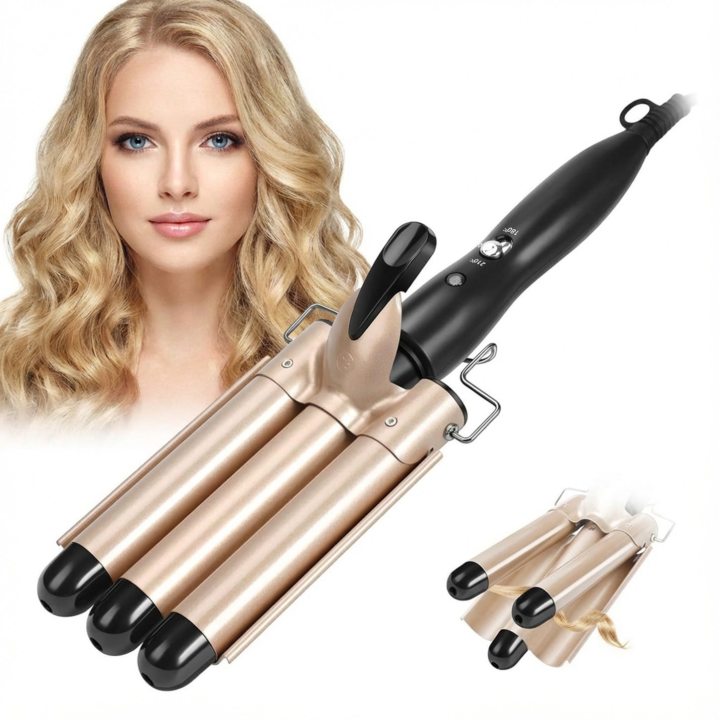 🔥🌊 3-stavig våglocktång PTC-uppvärmningsteknik 25 mm justerbar temperatur 180–210 °C guldfärgad