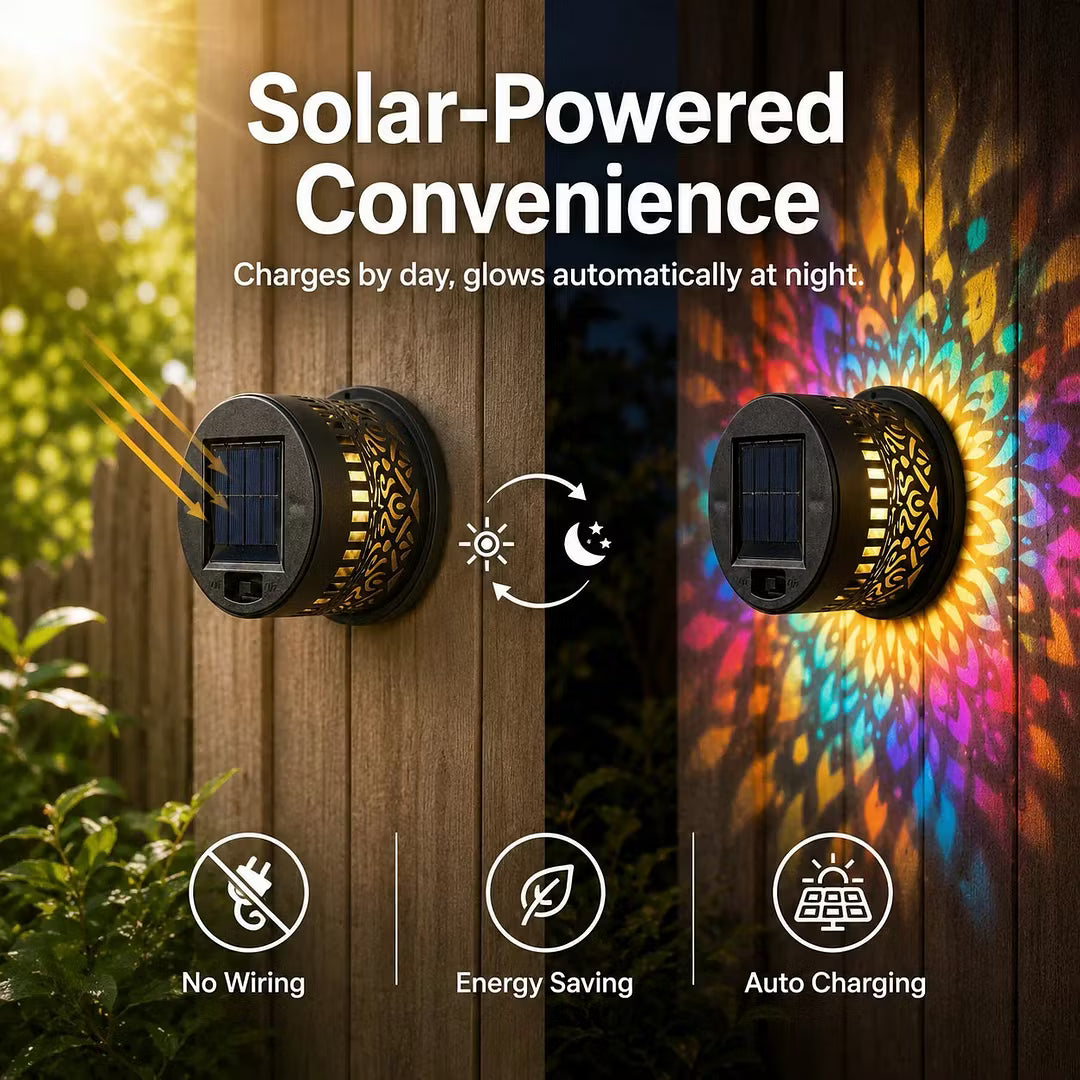 Solar Mandala Wall Light Outdoor Garden Fence Projector Lamp Patio Ambient Decor