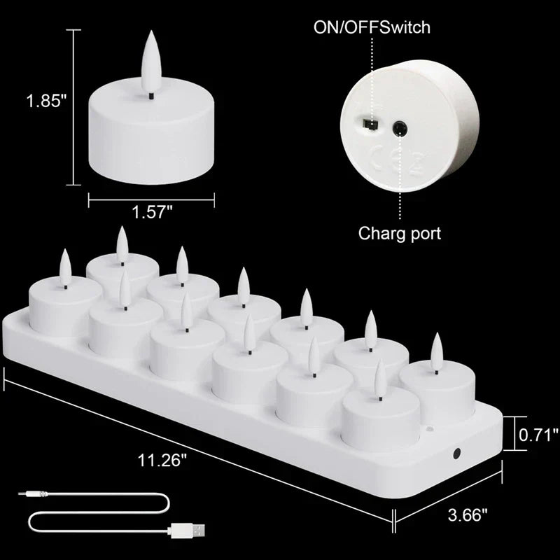 Genopladelige LED-varmelys, 12-pak – Flammeløse lys med fjernbetjening og opladningsbase