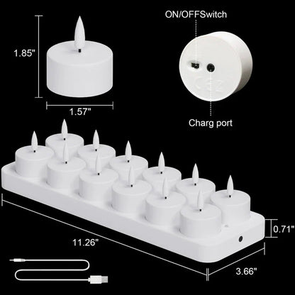 Genopladelige LED-varmelys, 12-pak – Flammeløse lys med fjernbetjening og opladningsbase