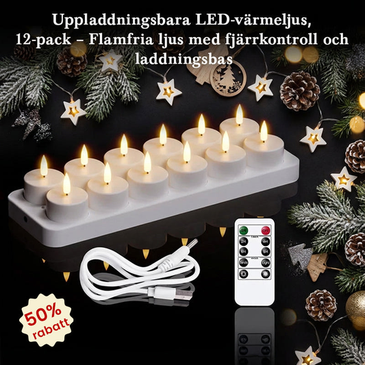 Uppladdningsbara LED-värmeljus, 12-pack – Flamfria ljus med fjärrkontroll och laddningsbas