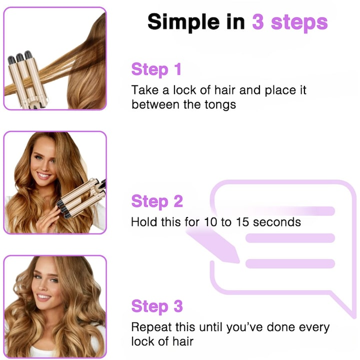 🔥🌊 3-stavig våglocktång PTC-uppvärmningsteknik 25 mm justerbar temperatur 180–210 °C guldfärgad