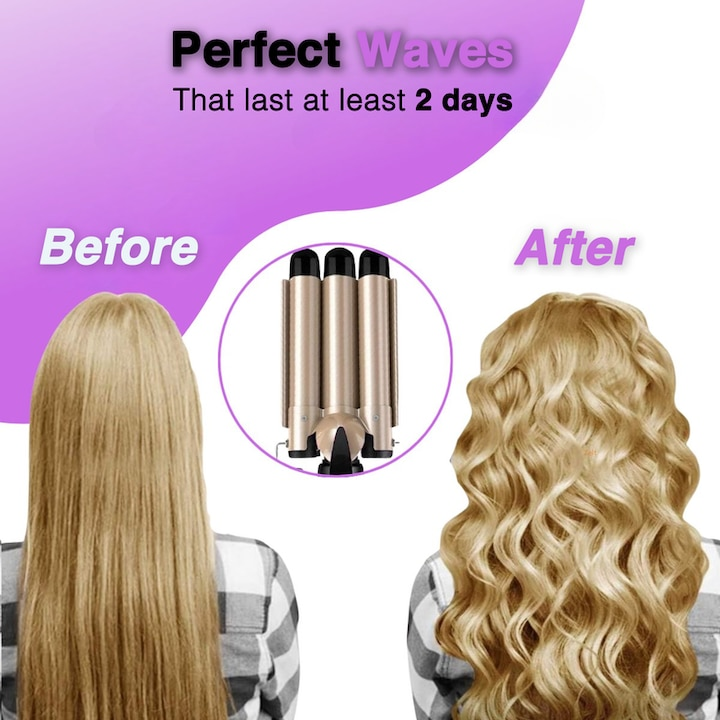 🔥🌊 3-stavig våglocktång PTC-uppvärmningsteknik 25 mm justerbar temperatur 180–210 °C guldfärgad