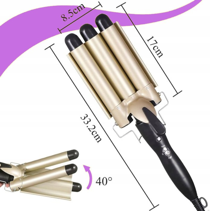 🔥🌊 3-stavig våglocktång PTC-uppvärmningsteknik 25 mm justerbar temperatur 180–210 °C guldfärgad