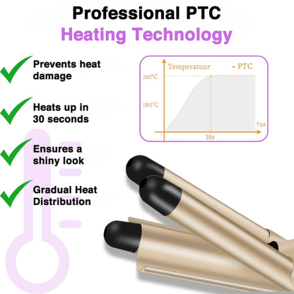 🔥🌊 3-stavig våglocktång PTC-uppvärmningsteknik 25 mm justerbar temperatur 180–210 °C guldfärgad